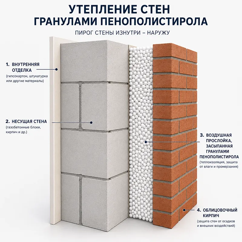 Засыпная теплоизоляция стен гранулами пенополистирола